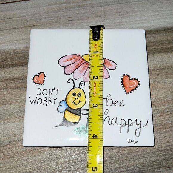 Hand Painted Tile Trivet With Cork Back Don’t Worry Bee Happy - Picture 5 of 6